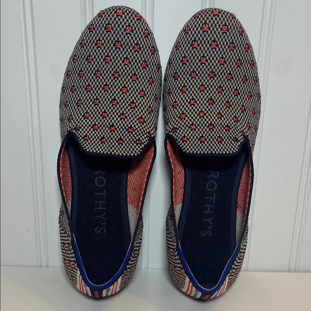 Rothy’s blue and coral dot woven slip-on The Loafer Limited edition, rare style